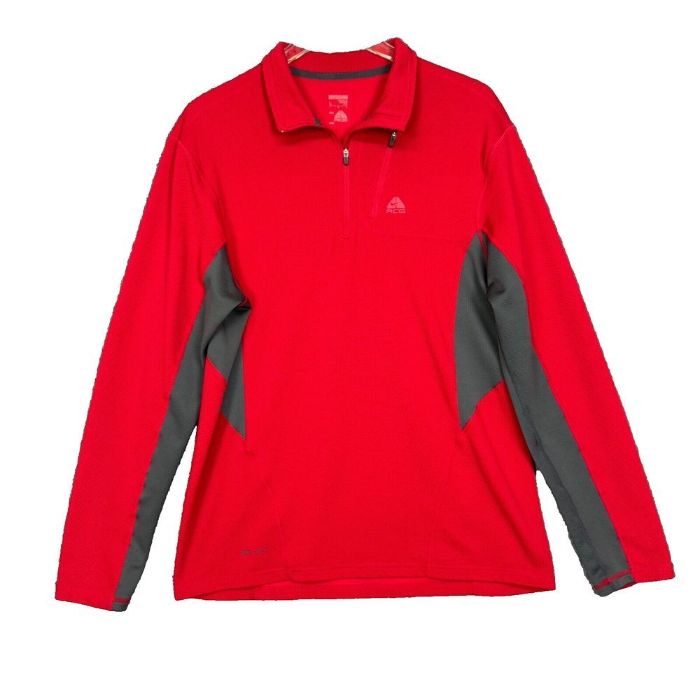 Nike ACG Shirt Mens Large Red Grey 1/4 Zip‎ Pullover Dri-Fit Thermal Waffle Knit
